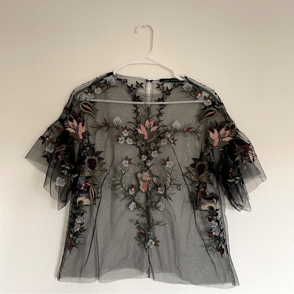 Zara Embroidered Sheer Top
